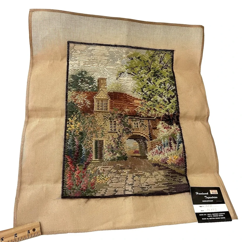 Vtg Handwork Tapestries floral cottage 20x23 unframed needlepoint English